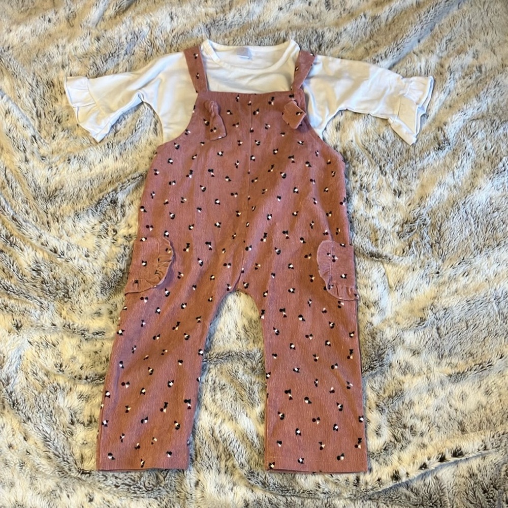Kids Pink Overalls (corduroy) with White Top-used size 3T